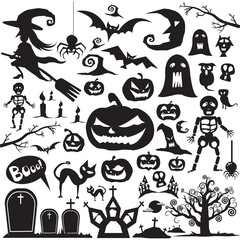 Big Set for Halloween. Vector set of characters and icons for Halloween in cartoon style. Black and white illustration