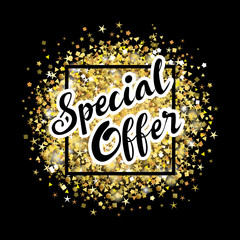 Special offer lettering label on golden dust background. Elegant special offer sale tag with gold glitter on black background. Vector illustration
