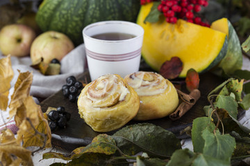 fresh pumpkin cinnabon buns with cinnamon and frosting