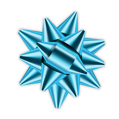 Blue bow ribbon decor element package Shiny color satin decoration gift present, holiday design, isolated white background. Symbol Christmas, New Year celebration, birthday Vector illustration