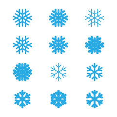 Snowflakes signs set. Blue Snowflake icons isolated on white background. Snow flake silhouettes. Symbol of snow, holiday, cold weather, frost. Winter design element Vector illustration