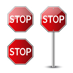 Stop traffic road signs set. Prohibited red road signs isolated on white background. Glossy. No transportation attention icons. Street road danger icons. Guidepost metal pole Vector illustration