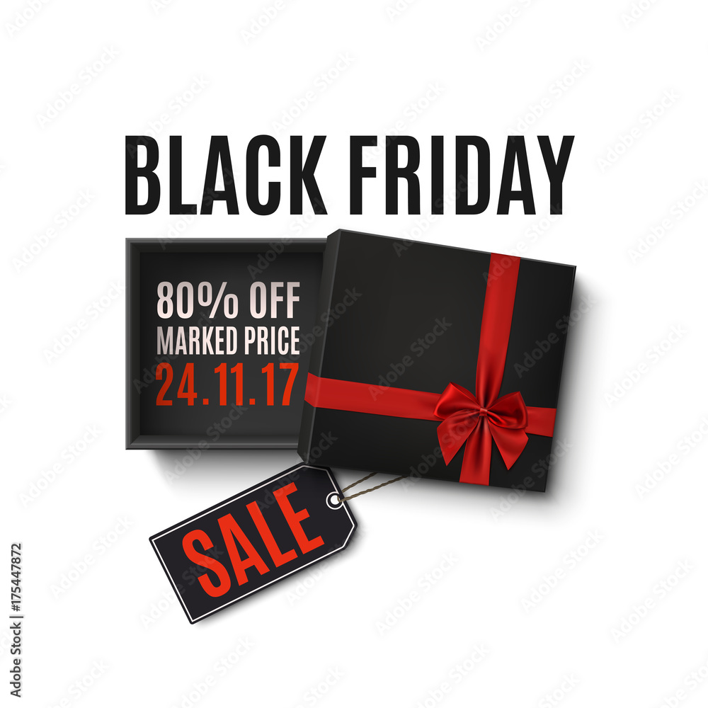 Sticker Black Friday sale design. Gift box with red ribbon on white.