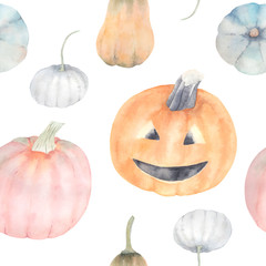 Watercolor seamless pattern with pumpkin. Hand drawn illustration