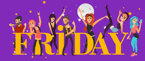 Rock party banner, poster with friends having fun in club, flat cartoon vector illustration isolated on purple background. Young people, boys and girls, having fan and party word in big letters