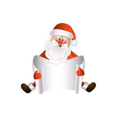 vector cartoon Santa Claus sitting in red white clothing and hat keeping blank white paper with free space for a text. Illustration isolated on a white background. Christmas ,new year poster design