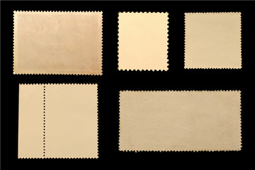 Set of old grunge blank posted stamps isolated on black background.Template for graphic designers.Vector illustration