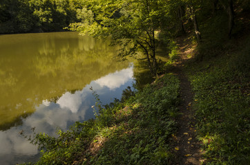 blue sky fishing lake in nature, Hungarian forest