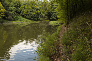 blue sky fishing lake in nature, Hungarian forest