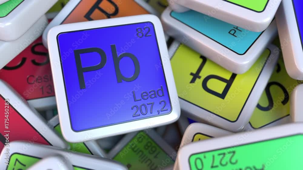 Poster lead pb block on the pile of periodic table of the chemical elements blocks. chemistry related intro