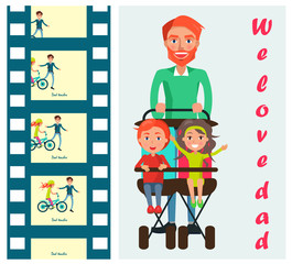 Father Carrying Kids on Two Seat Stroller Vector