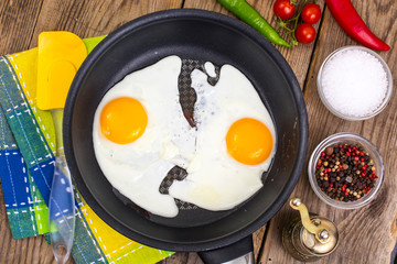 Two fried eggs for breakfast in frying pan