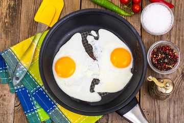 Two fried eggs for breakfast in frying pan