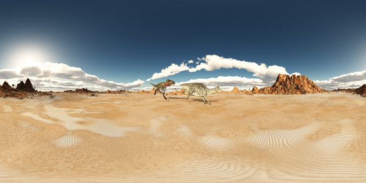 360 Grad Panorama mit den Dinosauriern Nanotyrannus und Velafrons