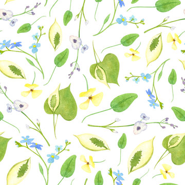 Watercolor wetland floral pattern with calla lily blue forget-me-not yellow waterpoppy lilas arrowhead and green leaves on white background