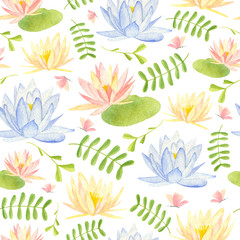 Watercolor wetland floral pattern with pink blue and yellow lily pink butterfly and green salvinia on white background