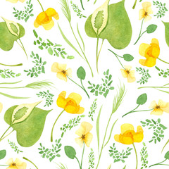 Watercolor wetland floral pattern with сalla swamp yellow nuphar lutea waterpoppy and green cane duckweed on white background