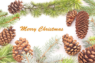 Merry Christmas with pine cones and needles on white