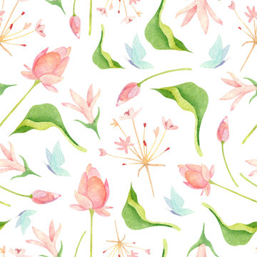 Watercolor wetland floral pattern with unopened pink lotus susak umbrella blue butterfly and green leaves on white background
