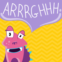 Vector cute cartoon screaming monster with speech bubble on zig zag background