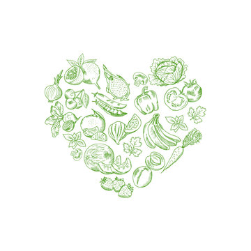 Vector Sketched Fresh Vegetables And Fruits Set In Shape Of Heart Illustration