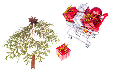 Trolley with christmas presents on white background