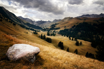 Val de l'Ubayette in the mountains of Mercantour National Park, between France and Italy. Path to the lake of Lauzanier