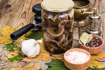 Autumnal forest marinated mushrooms in glass jar, salt, spices on  wooden table