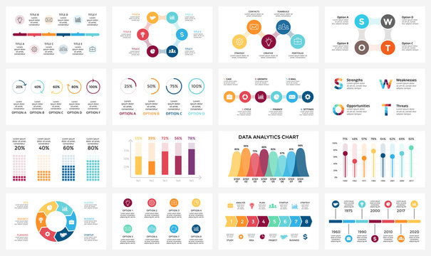 Vector arrows infographic, diagram chart, graph presentation. Business report with 3, 4, 5, 6, 7, 8 options, parts, steps, processes. Timeline. Data analytics. Percentage status. Growth success