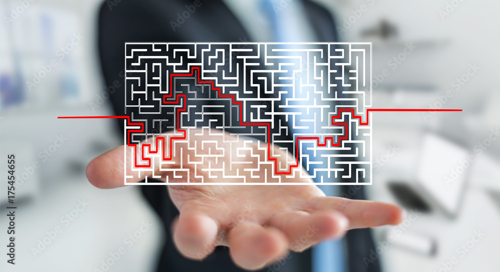 Poster businessman searching solution of a complicated maze
