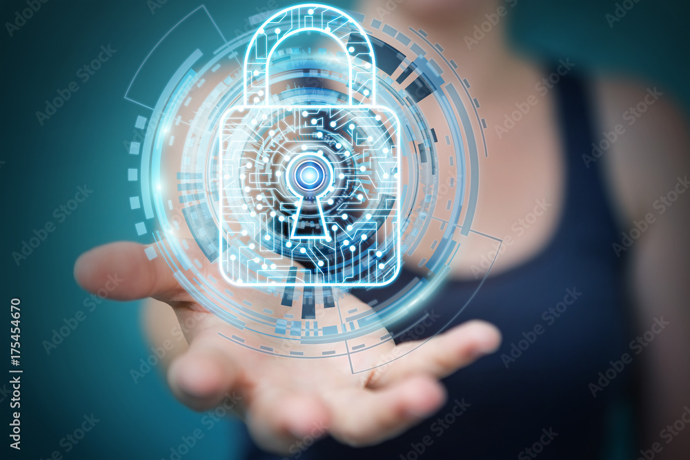 Poster businesswoman hacking security system 3d rendering