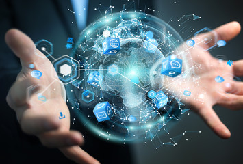 Flying earth network interface activated by businessman 3D rendering