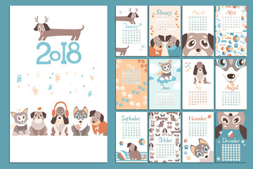 Creative calendar 2018 with cute cartoon puppies. Flat colored i