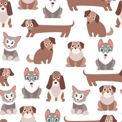 Seamless vector pattern with cute cartoon puppies. Different bre