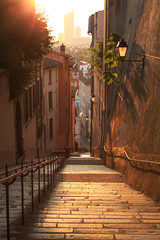 Empty, charming alley with stairs in Vieux Lyon, the old town of Lyon.