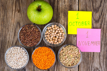 Glass molds with different cereals -concept healthy food for World Vegetarian and Vegan day