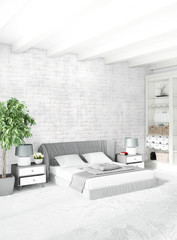 Loft bedroom in modern style interior design with eclectic wall and stylish sofa. 3D Rendering.