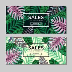 Sale banner, poster with palm leaves, jungle leaf and handwriting lettering. 