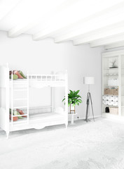 Vertical concept of loft nursery in modern style interior design with eclectic wall and copyspace. 3D Rendering.