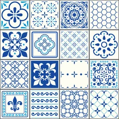 Tapeten Portugiesisches Fliesenmuster, Lissabon nahtlose marineblaue Fliesen, Azulejos Vintage geometrisches Keramikdesign © redkoala