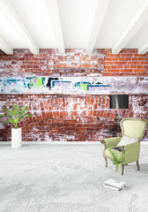 Loft bedroom in modern style interior design with eclectic wall and stylish sofa. 3D Rendering.