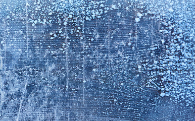 Blue frosty winter Background; snow and ice; wood texture