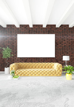 Yellow bedroom or livingroom in modern style Interior design with exuding wall and stylish furniture. 3D Rendering.
