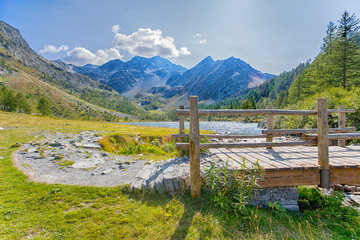 Fototapeta na wymiar View of Arpy Lake in Val D'Aosta, italian Alps, Italy