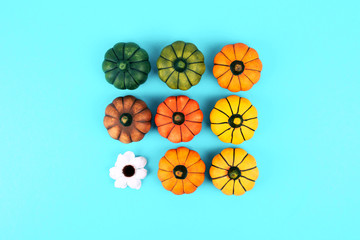 Decorative pumpkins on blue background.