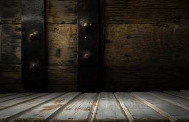 background barrel and worn old table of wood