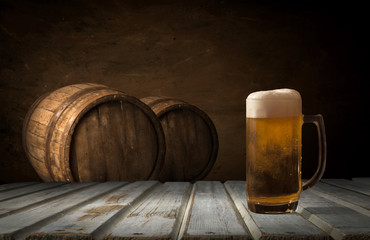 background barrel and worn old table of wood