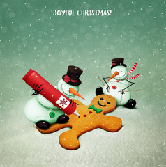 Holiday greeting card or illustration with two Snowmen  decoration Gingerbread Man. 