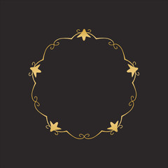 Gold round frame with floral elements. Greeting card with place for text, gold menu and invitation border. Vector illustration.