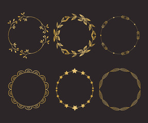 Gold round frame with floral elements. Greeting card with place for text, gold menu and invitation border. Vector illustration.